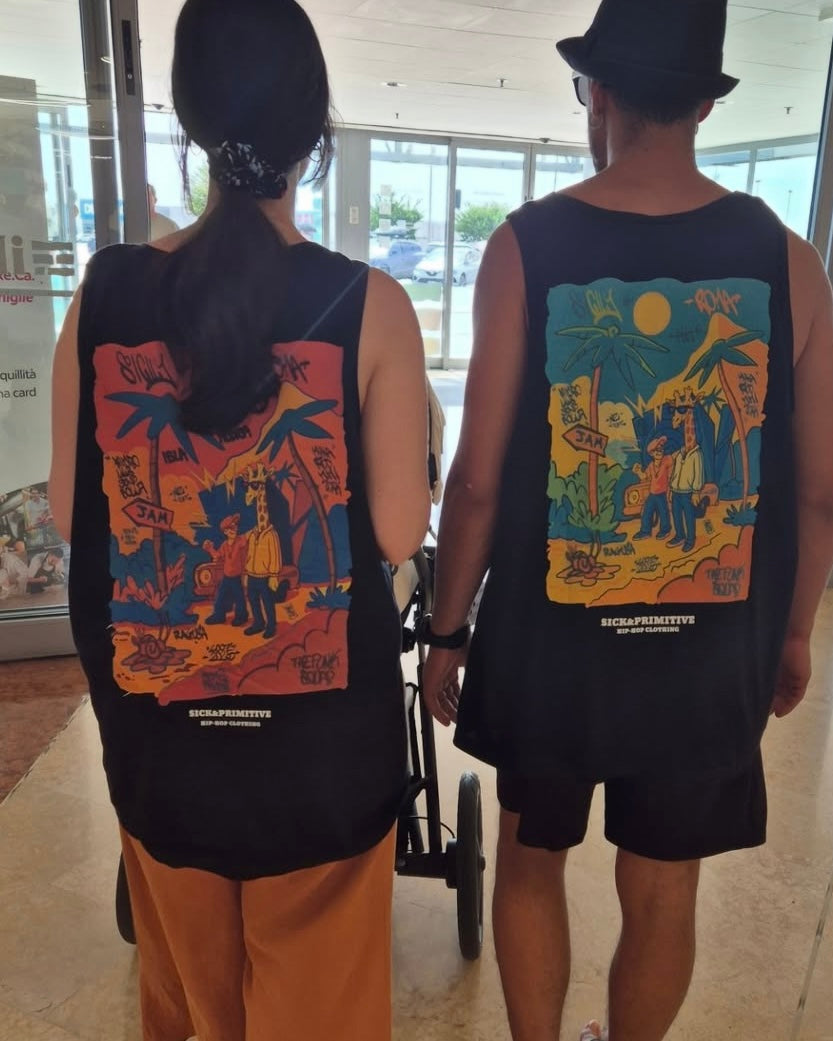 T-shirt smanicata - "The funk squad" - Nera Sunset back